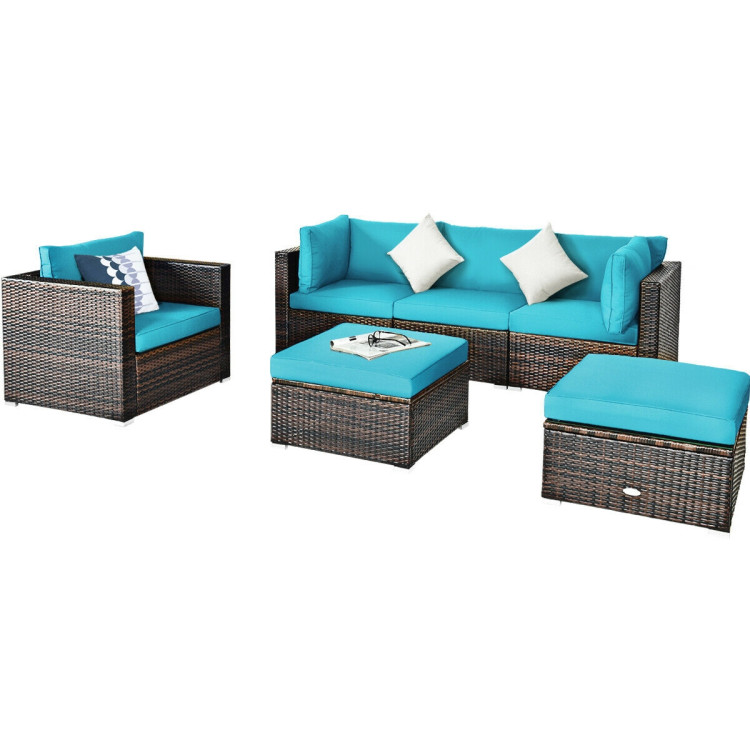 6 Pcs Patio Rattan Furniture Set with Sectional Cushion-TurquoiseCostway Gallery View 3 of 12