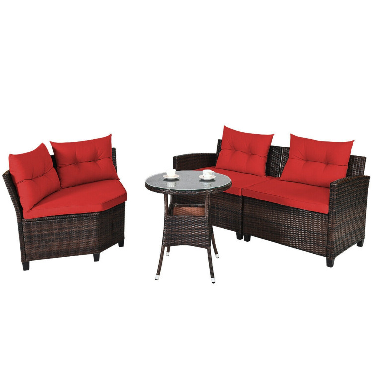 4 Pieces Outdoor Cushioned Rattan Furniture Set-RedCostway Gallery View 8 of 12