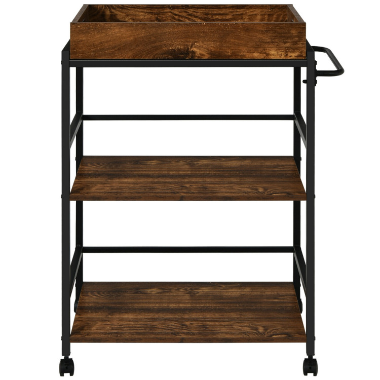 3-Tier Kitchen Serving Bar Cart with Lockable Casters and Handle Rack for Home Pub-Rustic BrownCostway Gallery View 11 of 13