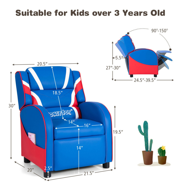 Kids Leather Recliner Chair with Side Pockets-BlueCostway Gallery View 4 of 12