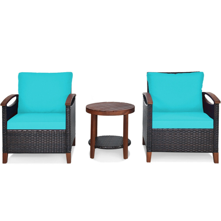 3 Pieces Patio Rattan Furniture Set with Washable Cushion and Acacia Wood Tabletop-TurquoiseCostway Gallery View 3 of 12