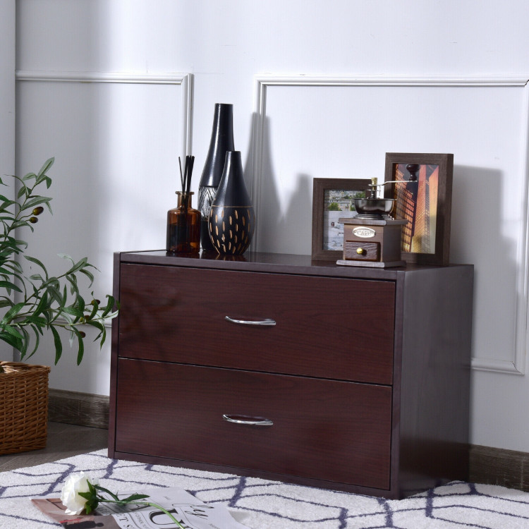 2-Drawer Dresser Horiztonal Organizer End Table Nightstand with Handle Wood-BrownCostway Gallery View 8 of 12