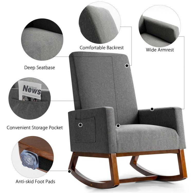 Rocking High Back Upholstered Lounge Armchair with Side Pocket-GrayCostway Gallery View 10 of 12