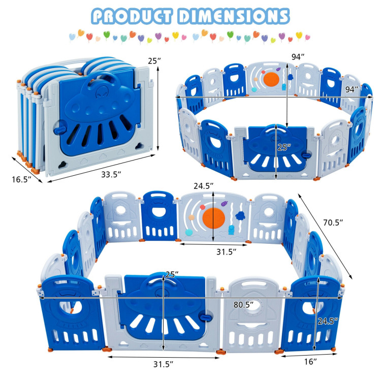 16-Panel Baby Playpen Safety Play Center with Lockable Gate-BlueCostway Gallery View 5 of 13