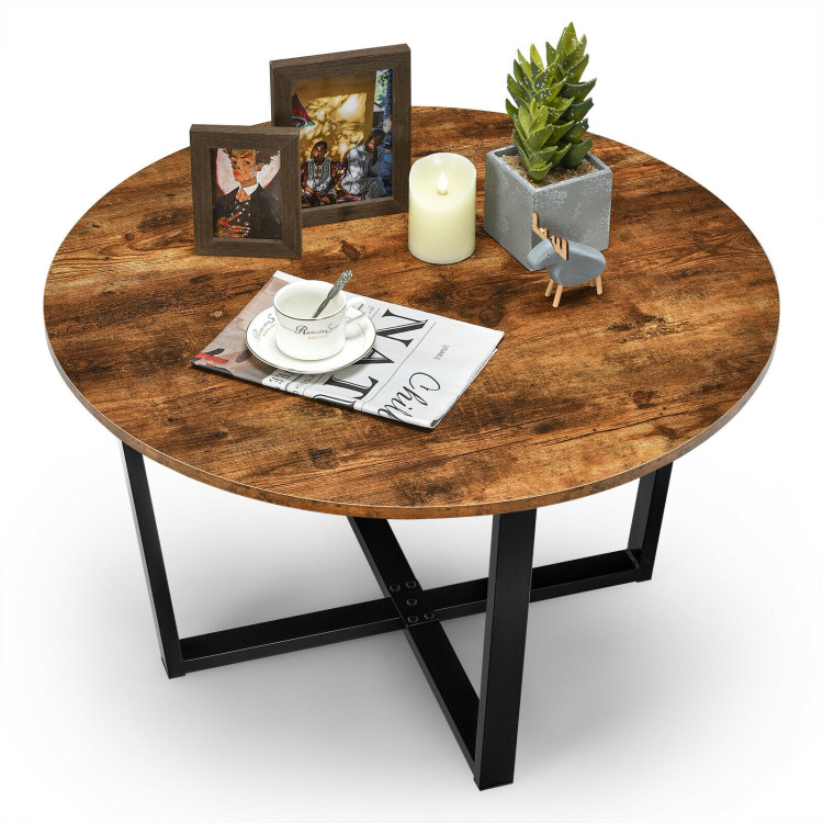 Round Industrial Style Cocktail Side Coffee Table With Metal Frame-BrownCostway Gallery View 10 of 12