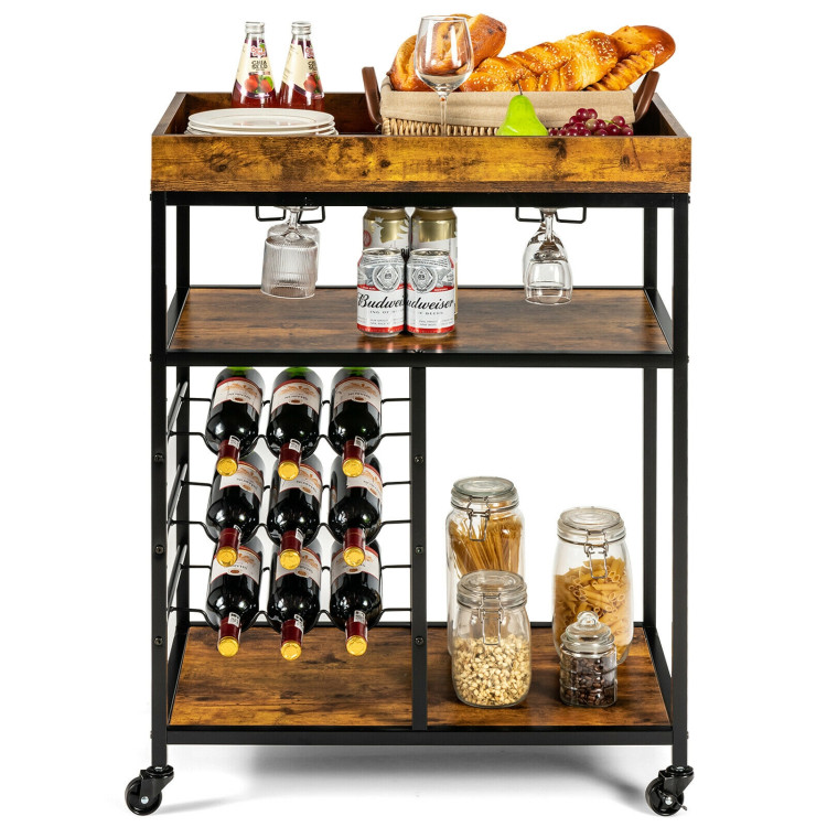 3-Tier Wood Rolling Kitchen Serving Cart with 9 Wine Bottles Rack Metal Frame-Rustic BrownCostway Gallery View 12 of 12