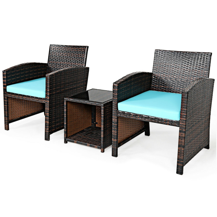 3 Pieces PE Rattan Wicker Furniture Set with Cushion Sofa Coffee Table for Garden-TurquoiseCostway Gallery View 10 of 12