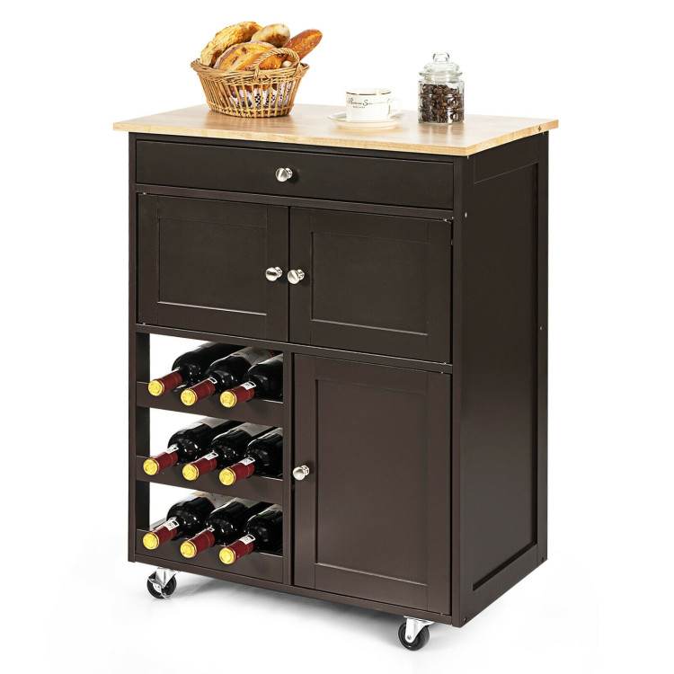 Kitchen Cart with Rubber Wood Top 3 Tier Wine Racks 2 Cabinets-BrownCostway Gallery View 8 of 12