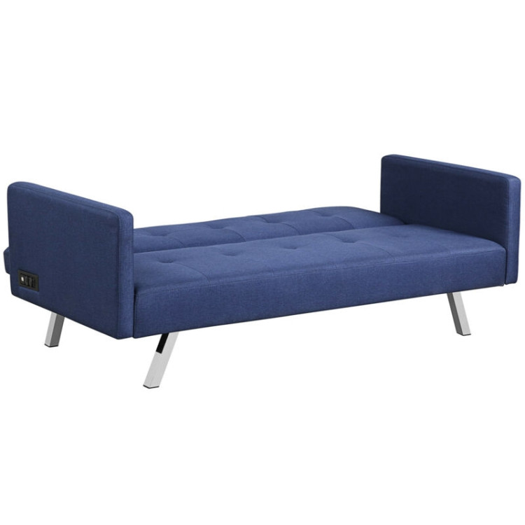 3 Seat Convertible Linen Fabric Futon Sofa with USB and Power Strip-BlueCostway Gallery View 9 of 12