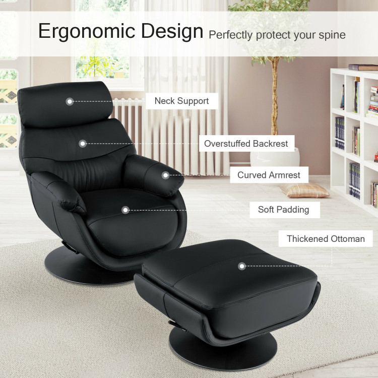 360° Swivel Leather Lounge Chair with Ottoman and Thick Footstool-BlackCostway Gallery View 11 of 12