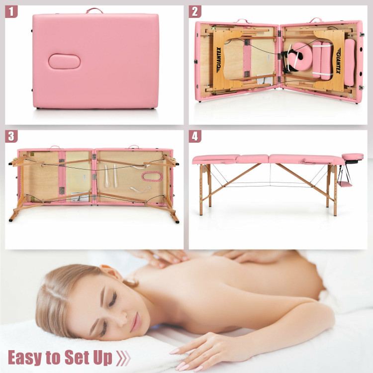 3 Fold Portable Adjustable Massage Table with Carry Case-PinkCostway Gallery View 10 of 12