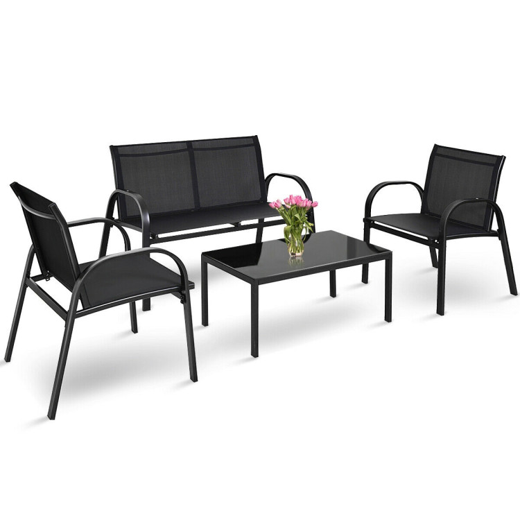4 Pieces Patio Furniture Set with Glass Top Coffee Table-BlackCostway Gallery View 8 of 8