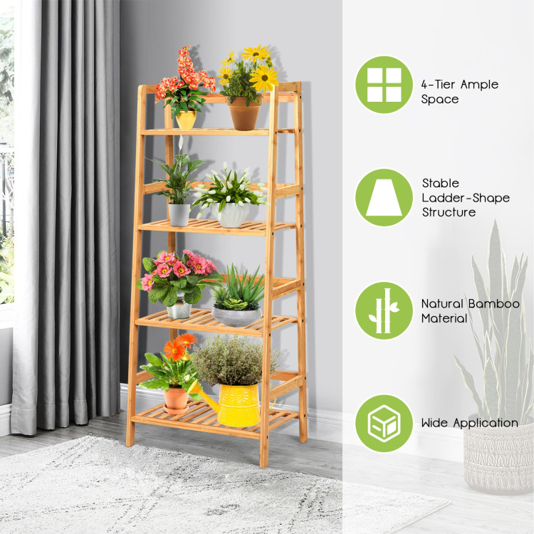 4-Tier Bamboo Plant Rack with Guardrails Stable and Space-Saving-NaturalCostway Gallery View 2 of 12