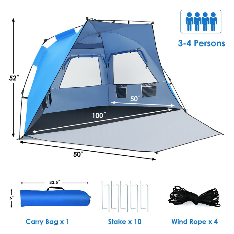 3-4 Person Easy Pop Up Beach Tent UPF 50+ Portable Sun Shelter-BlueCostway Gallery View 4 of 12