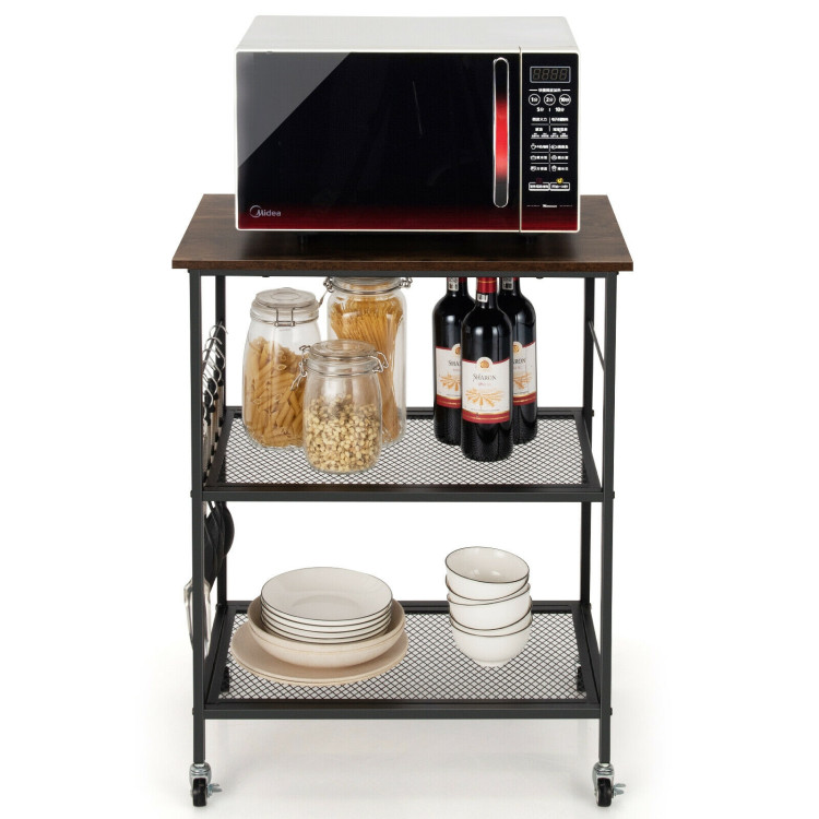 3-Tier Kitchen Serving Cart Utility Standing Microwave Rack with Hooks BrownCostway Gallery View 9 of 12