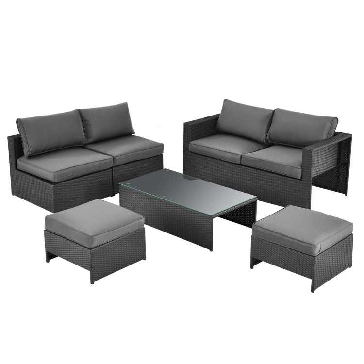 6 Pieces Patio Rattan Furniture Set with Glass Table and Cushioned Seat-GrayCostway Gallery View 1 of 11