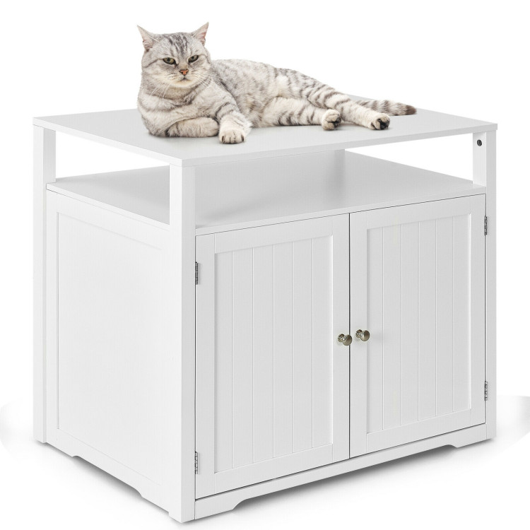 Wooden Cat Litter Box Enclosure Hidden Cat Washroom with Storage Layer-WhiteCostway Gallery View 8 of 12