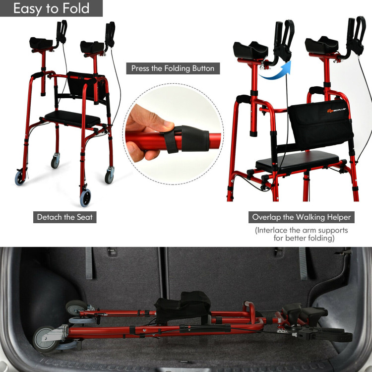  Folding Auxiliary Walker Rollator with Brakes Flip-Up Seat Bag Multifunction-RedCostway Gallery View 10 of 12