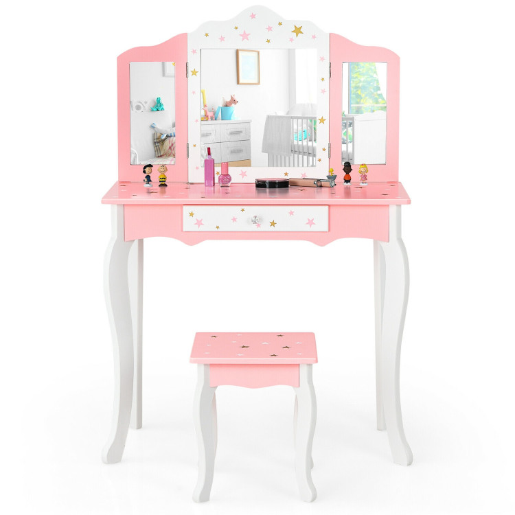 Kids Princess Vanity Table and Stool Set with Tri-folding Mirror and Drawer-PinkCostway Gallery View 8 of 12