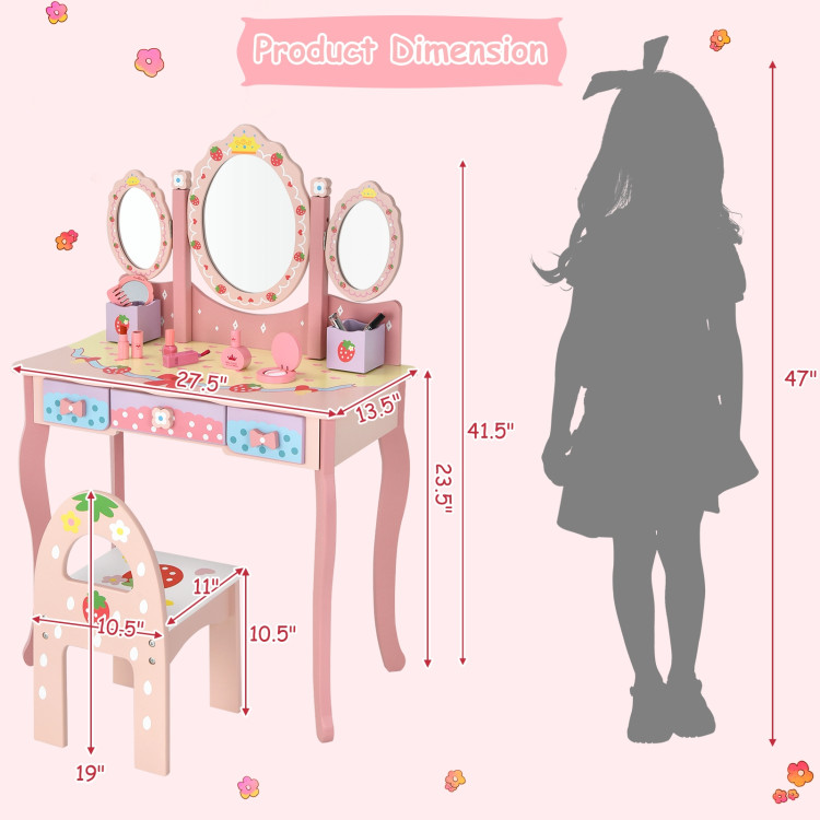 Kids Vanity Princess Makeup Dressing Table Chair Set with Tri-fold Mirror-PinkCostway Gallery View 4 of 10