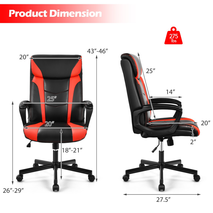 Swivel PU Leather Office Gaming Chair with Padded Armrest-RedCostway Gallery View 5 of 13