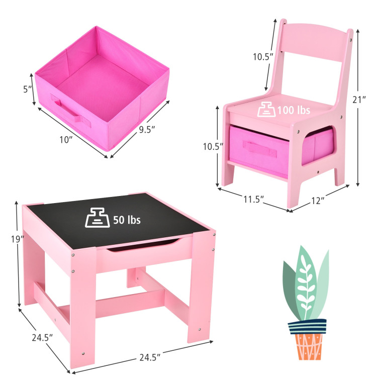 Kids Table Chairs Set With Storage Boxes Blackboard Whiteboard Drawing-PinkCostway Gallery View 5 of 12