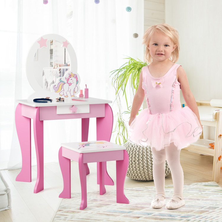 Kids Wooden Makeup Dressing Table and Chair Set with Mirror and DrawerCostway Gallery View 8 of 12