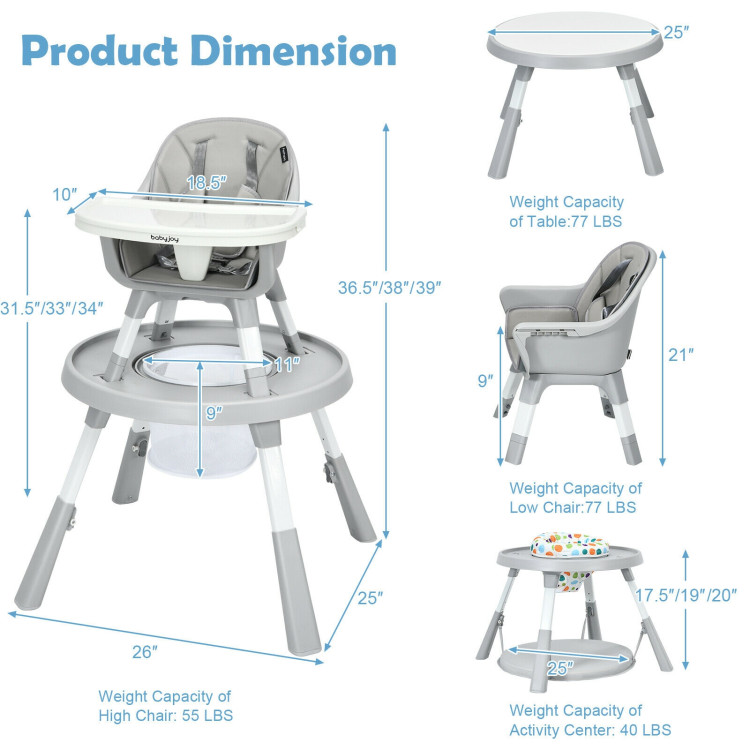 6-in-1 Baby High Chair Infant Activity Center with Height Adjustment-GrayCostway Gallery View 5 of 13