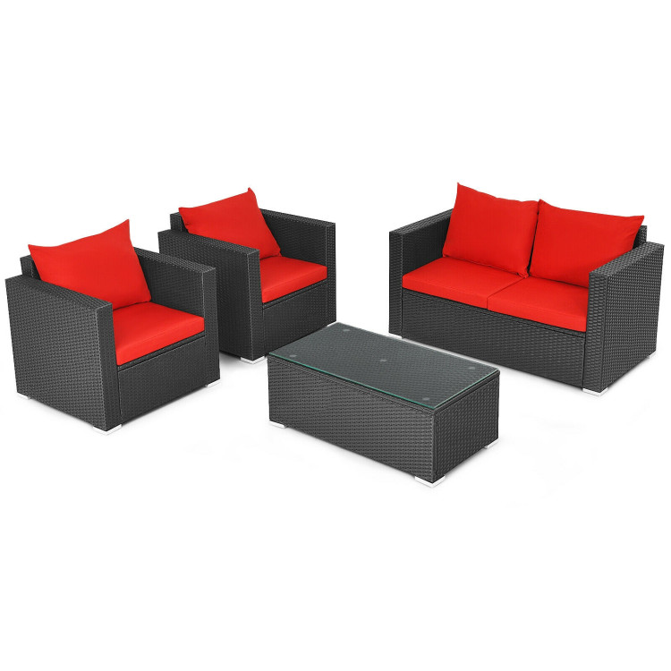 4 Pieces Patio Rattan Conversation Set with Padded Cushion and Tempered Glass Coffee Table-RedCostway Gallery View 7 of 11