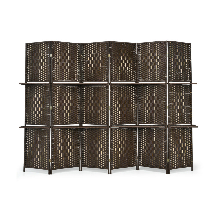 6 Panel Folding Weave Fiber Room Divider with 2 Display Shelves -BrownCostway Gallery View 6 of 11