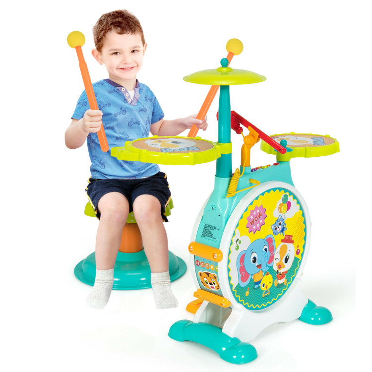 3 Pieces Electric Kids Drum Set with Microphone Stool PedalCostway Gallery View 9 of 12