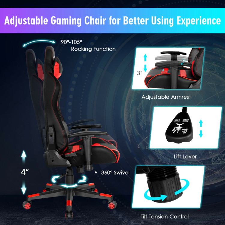 Adjustable Swivel Gaming Chair with LED Lights and Remote-RedCostway Gallery View 12 of 13