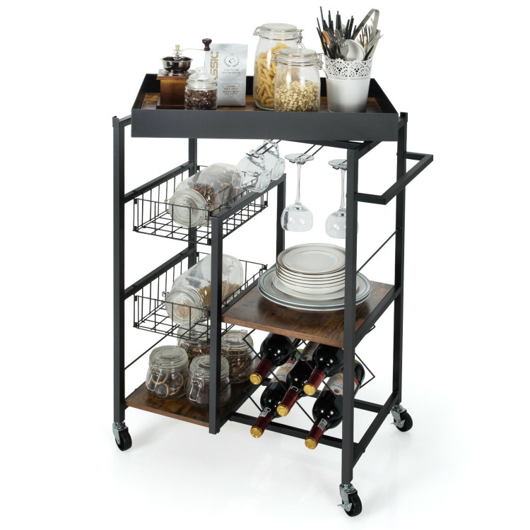 Kitchen Island Cart on Wheels with Removable Top and Wine Rack-Rustic BrownCostway Gallery View 8 of 11