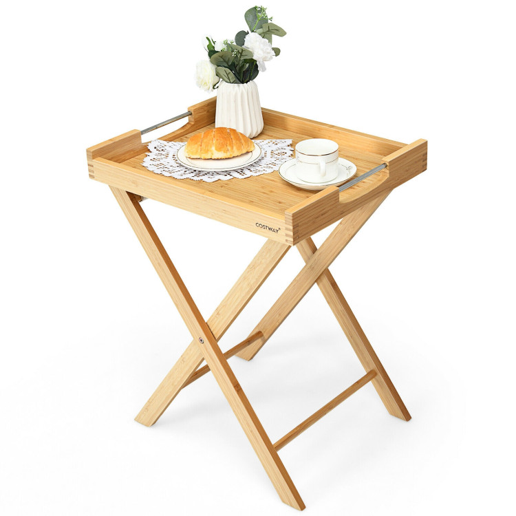 Bamboo Lipped Multi-Functional Snack Side Table-NaturalCostway Gallery View 10 of 12