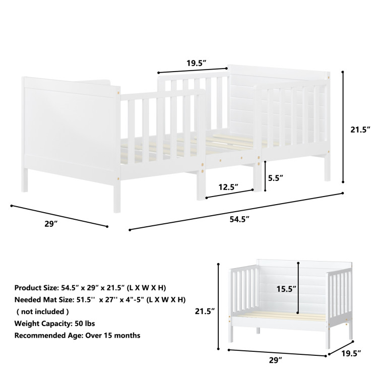 2-in-1 Convertible Kids Wooden Bedroom Furniture with Guardrails-WhiteCostway Gallery View 4 of 12
