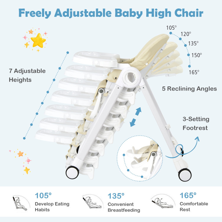 Baby Folding Convertible High Chair with Wheels and Adjustable Height-BeigeCostway Gallery View 11 of 13