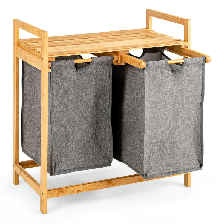 Bamboo Laundry Hamper with Dual Compartments Laundry Sorter and Sliding Bags-NaturalCostway Gallery View 8 of 11