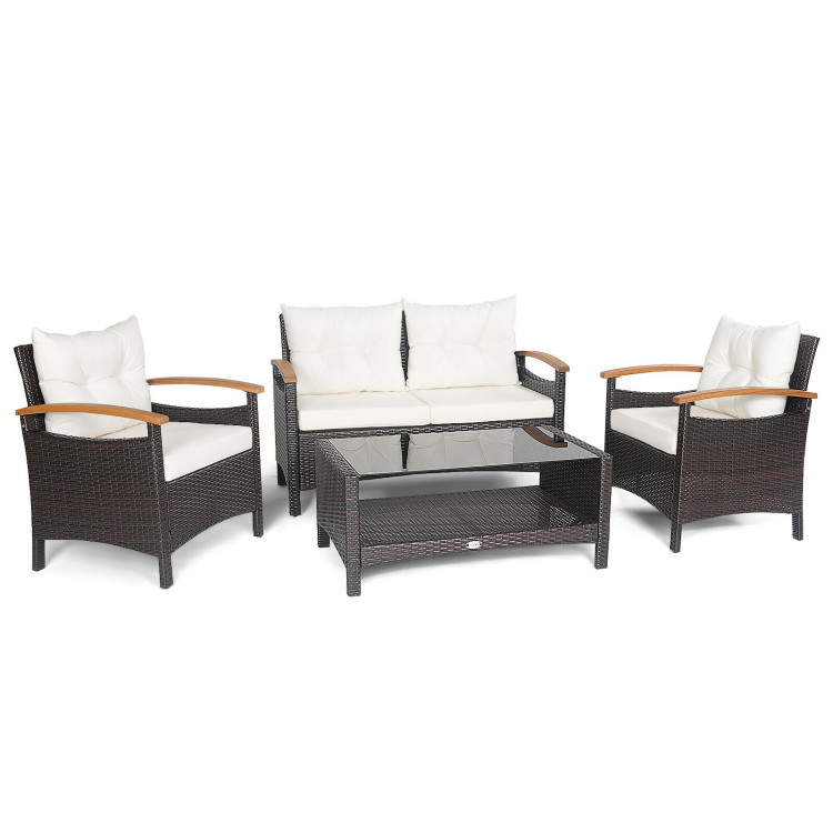 4 Pieces Patio Rattan Furniture Set with Cushioned Sofa and Storage Table-WhiteCostway Gallery View 1 of 11