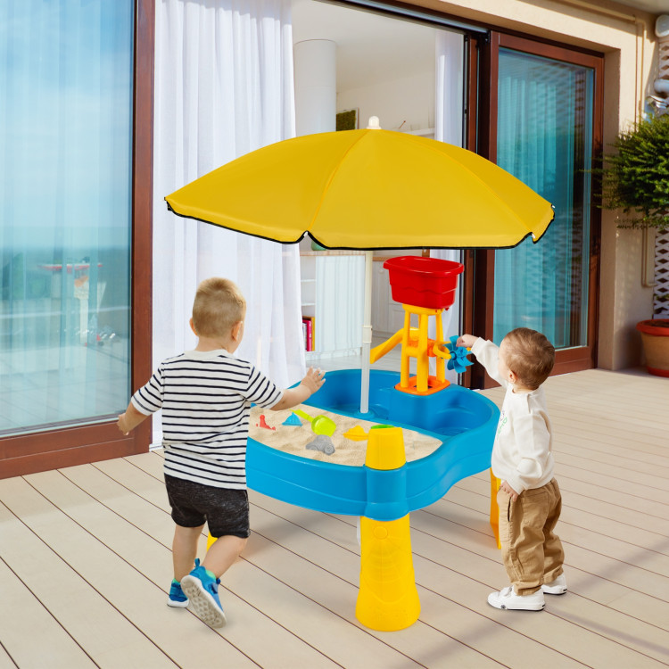 Kids Sand and Water Table for Toddlers with Umbrella and 18 Pieces Accessory SetCostway Gallery View 6 of 9