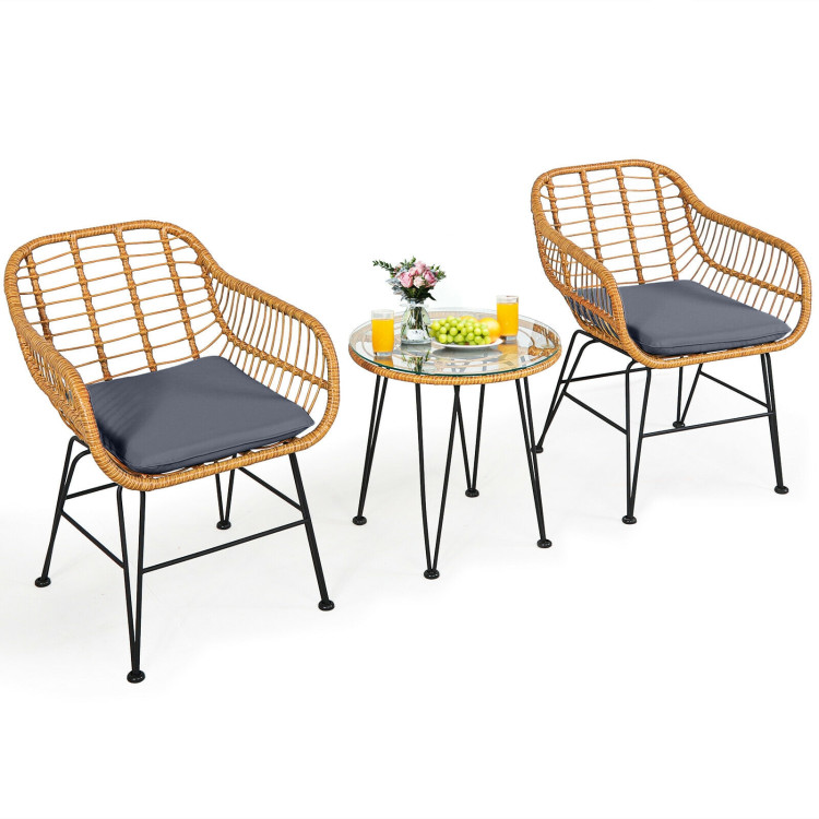 3 Pieces Rattan Furniture Set with Cushioned Chair Table-GrayCostway Gallery View 9 of 12