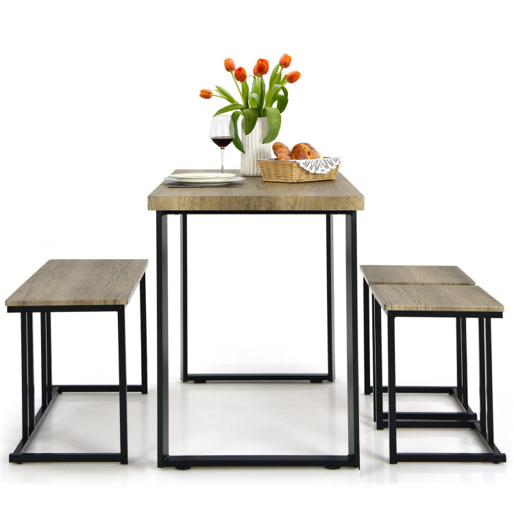 4 Pieces Industrial Dinette Set with Bench and 2 Stools-OakCostway Gallery View 8 of 11