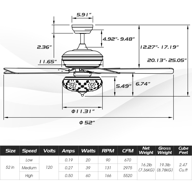 52 Inch Ceiling Fan with 3 Wind Speeds and 5 Reversible Blades-BlackCostway Gallery View 4 of 10