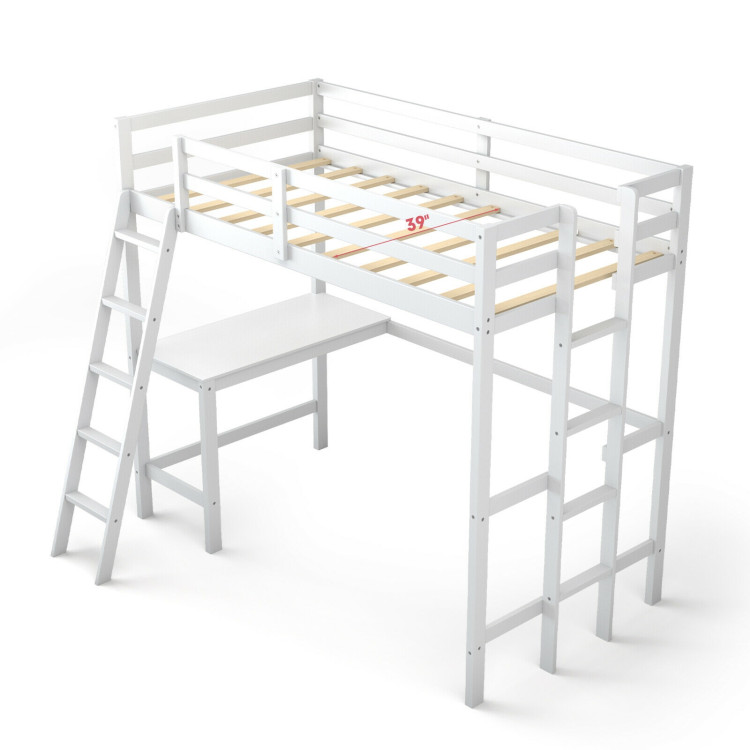 Twin Size Loft Bed Frame with Desk Angled and Built-in Ladder-WhiteCostway Gallery View 10 of 12