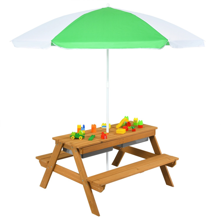 3-in-1 Kids Outdoor Picnic Water Sand Table with Umbrella Play BoxesCostway Gallery View 3 of 11