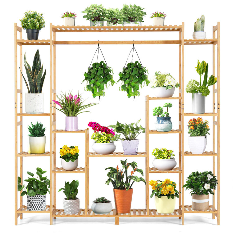 9-Tier Bamboo Plant Stand with Hanging RackCostway Gallery View 7 of 11