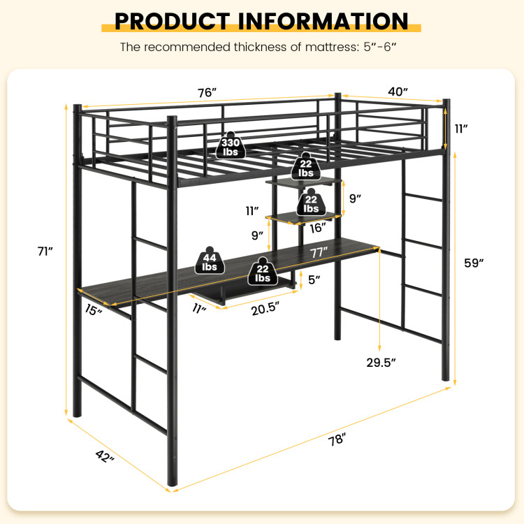 Twin Size Loft Bunk Bed with Desk Storage Shelf and Full Length Ladders-BlackCostway Gallery View 4 of 10