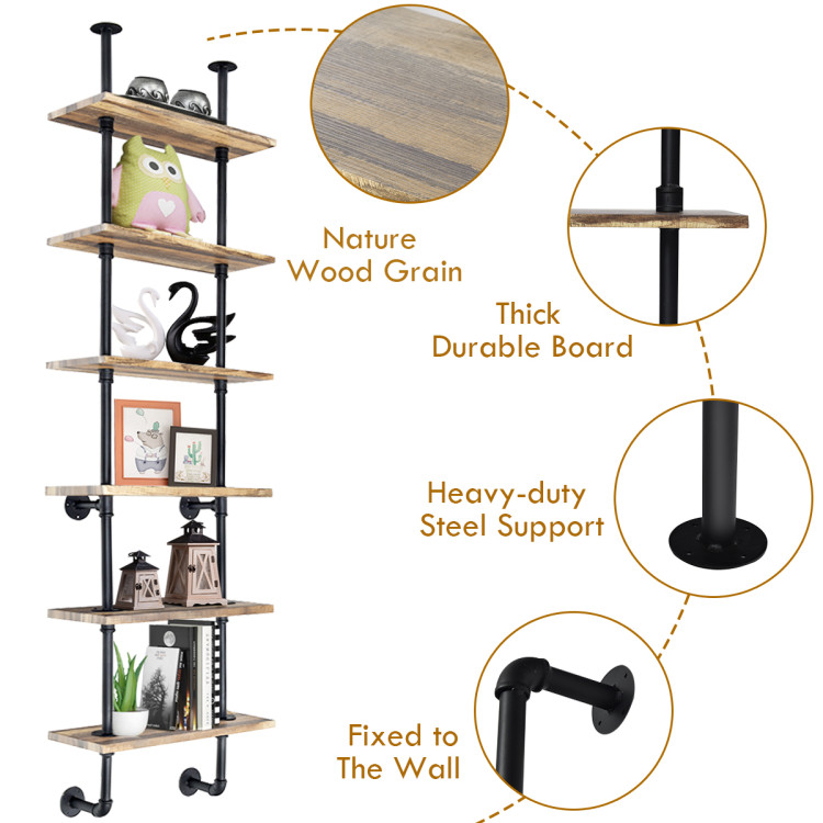 6-Tier Industrial Wall Mounted Pipe Shelves - Costway