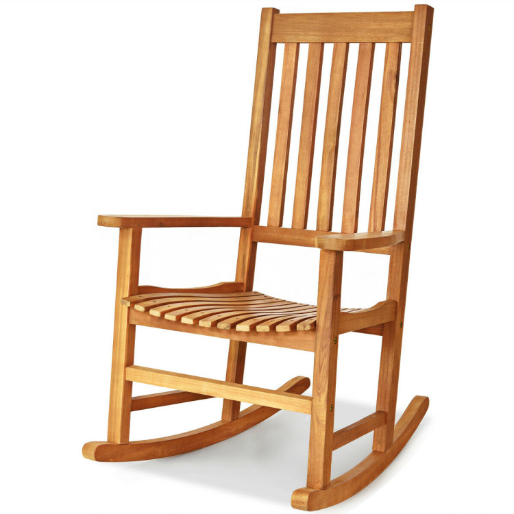 Indoor Outdoor Wooden High Back Rocking Chair-NaturalCostway Gallery View 11 of 12