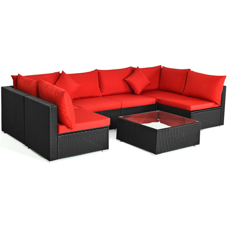7 Pieces Sectional Wicker Furniture Sofa Set with Tempered Glass Top-RedCostway Gallery View 10 of 12