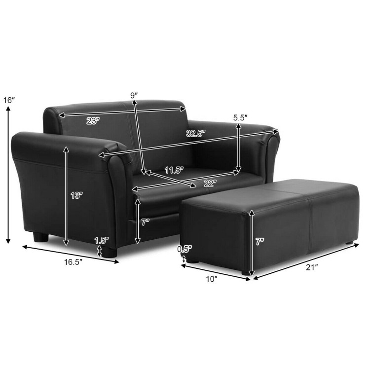 Black/White Kids Double Sofa with Ottoman-BlackCostway Gallery View 4 of 12